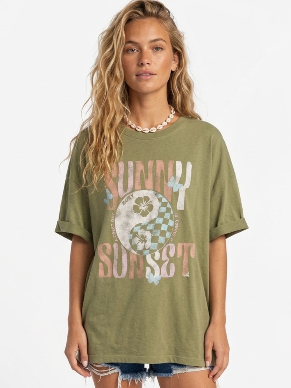 Roxy Sunny Sunset Oversized Graphic Summer Surf Tee